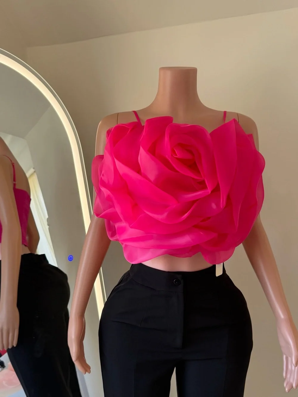 Women’s Floral Organza Rose Crop Top - Pink / Hot Pink - Picture 6 of 6